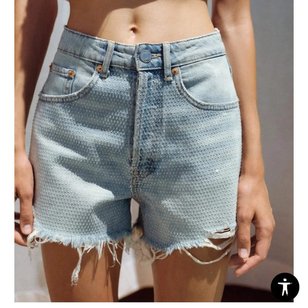 NWT Zara Rhinestone High Waist Cutoff Ripped Denim Women's Shorts Size US 2 - Picture 5 of 8